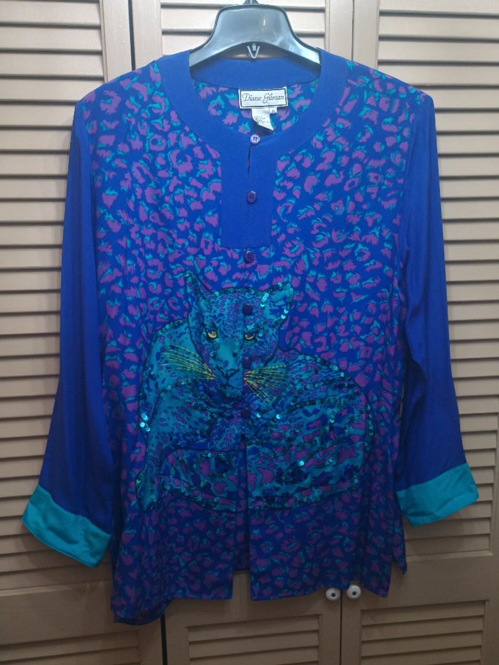Vintage Diane Gilman Silk Leopard Sequin Electric Blue Blouse 1X